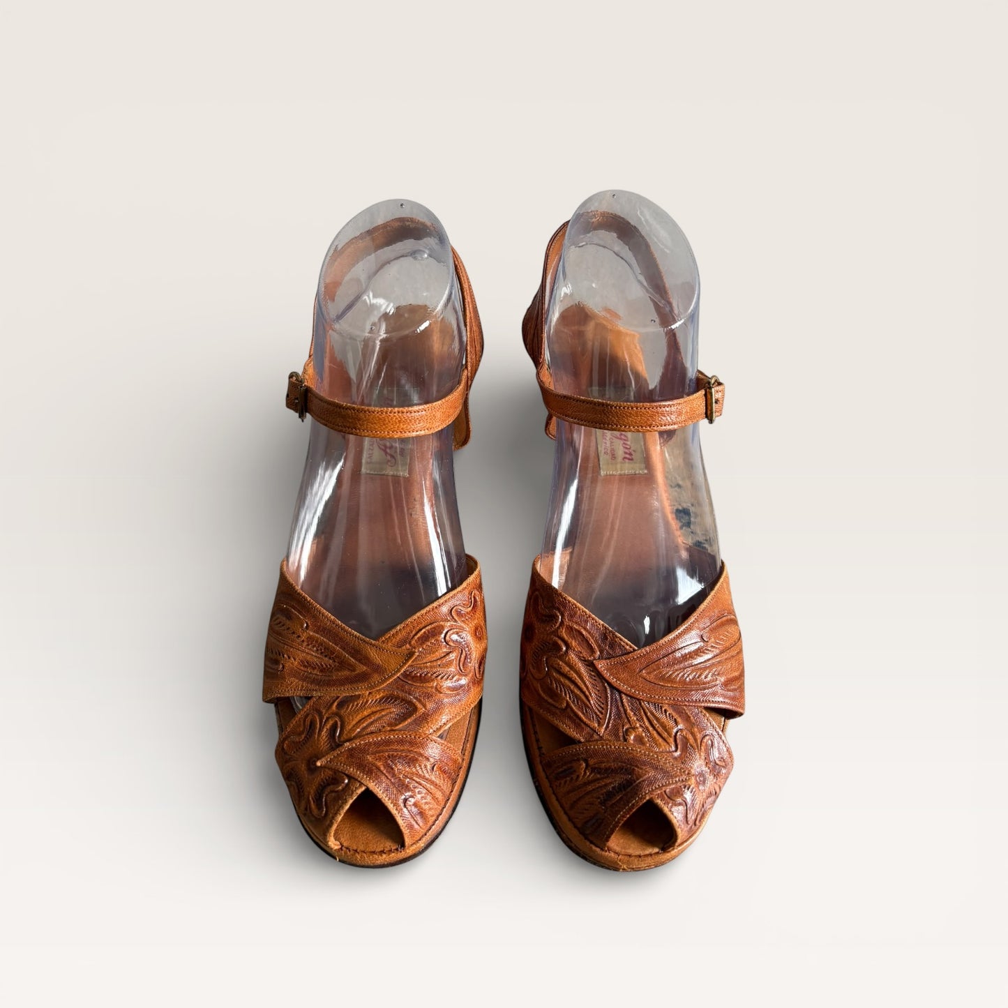 RARE Vintage 1940s Tooled Floral Mexcan Leather Peep Toe Platform Sandals