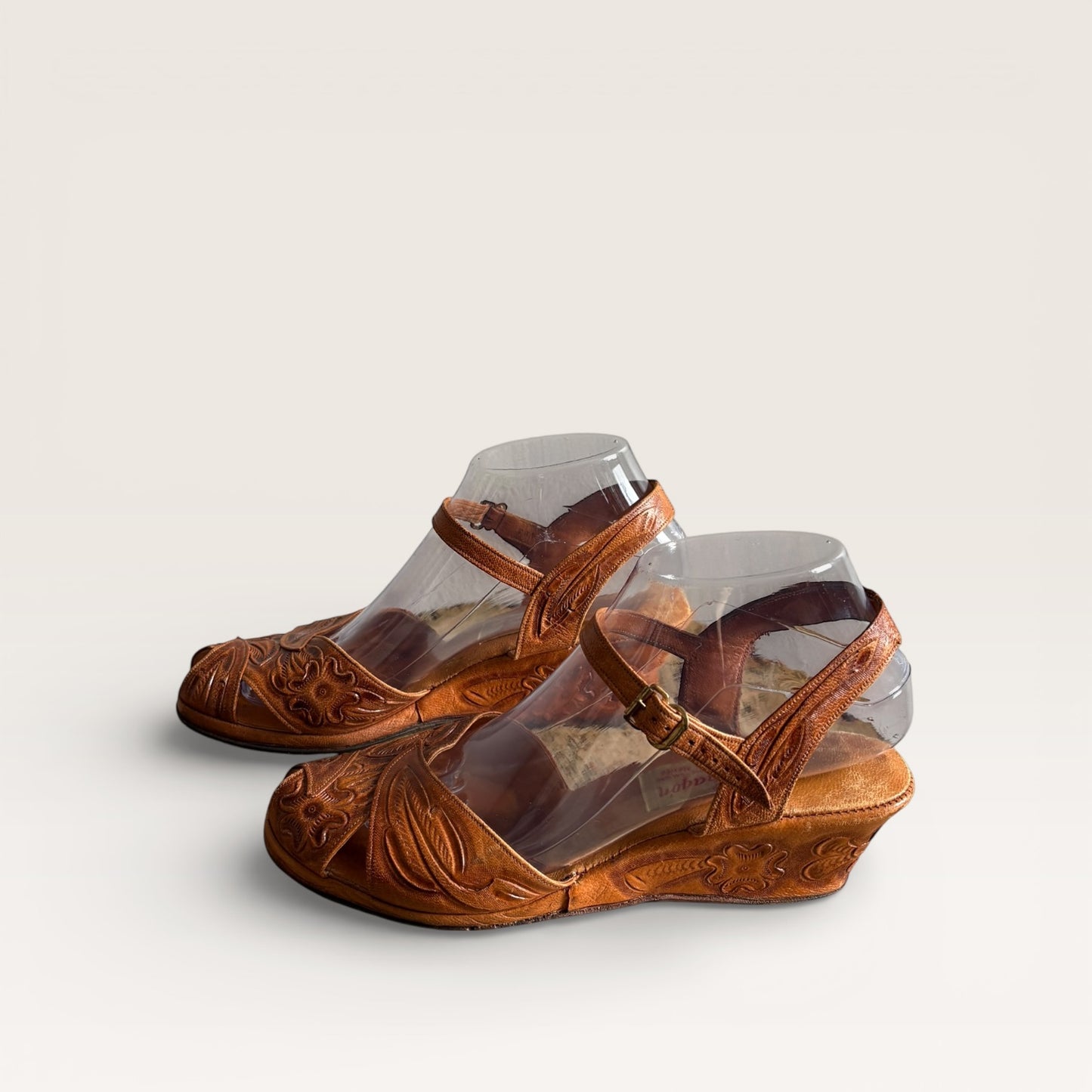 RARE Vintage 1940s Tooled Floral Mexcan Leather Peep Toe Platform Sandals
