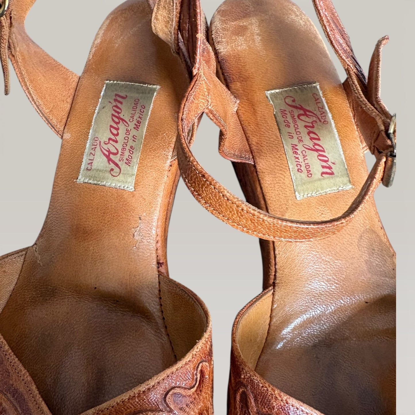 RARE Vintage 1940s Tooled Floral Mexcan Leather Peep Toe Platform Sandals