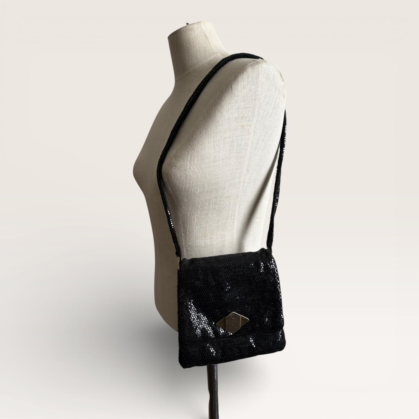 Vintage 1980s Black Metal Mesh Shoulder Bag with Mixed Metal Hardware