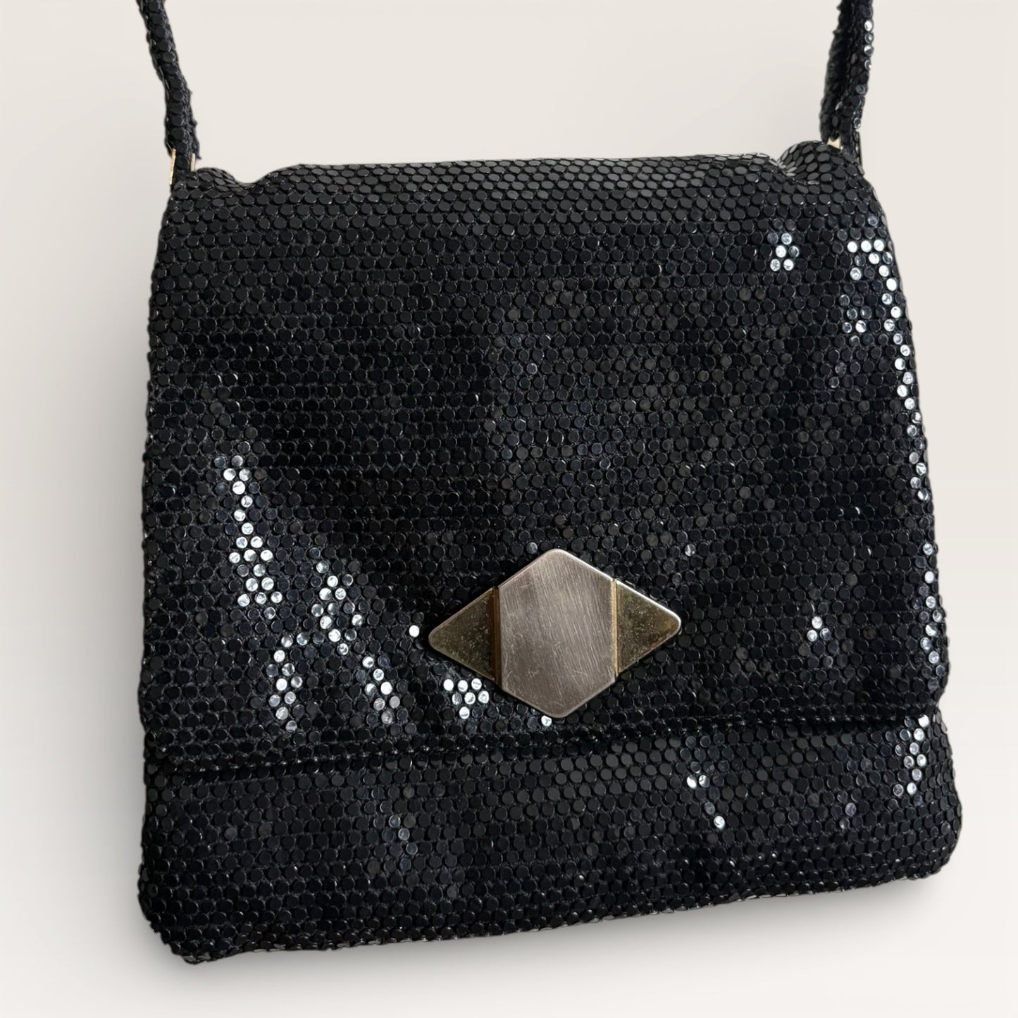 Vintage 1980s Black Metal Mesh Shoulder Bag with Mixed Metal Hardware