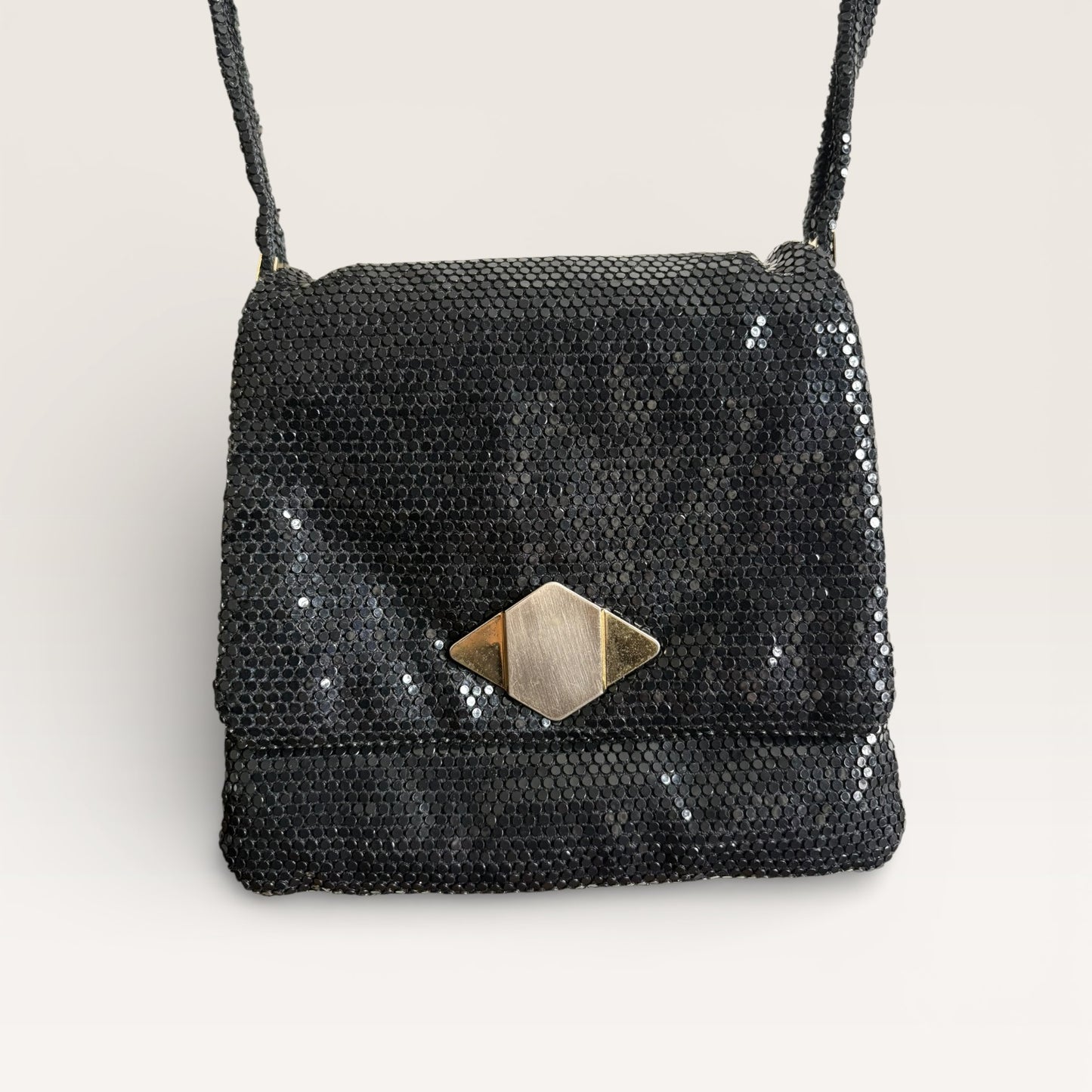 Vintage 1980s Black Metal Mesh Shoulder Bag with Mixed Metal Hardware