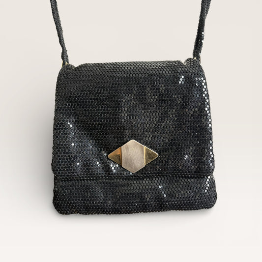 Vintage 1980s Black Metal Mesh Shoulder Bag with Mixed Metal Hardware