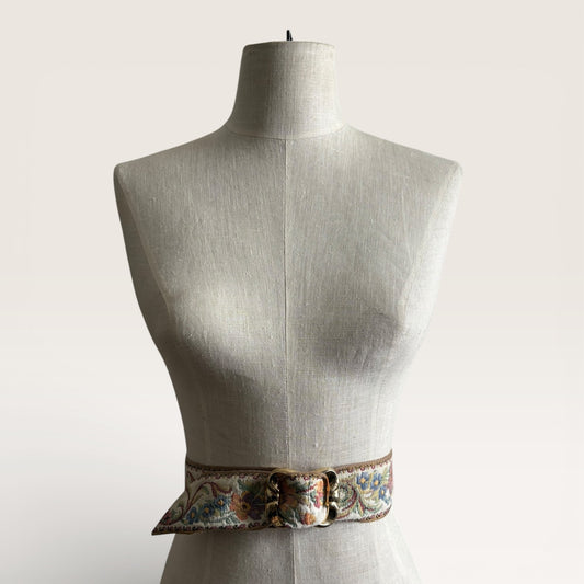 Vintage Ruth Lederman Floral Tapestry Belt with Brass Buckle
