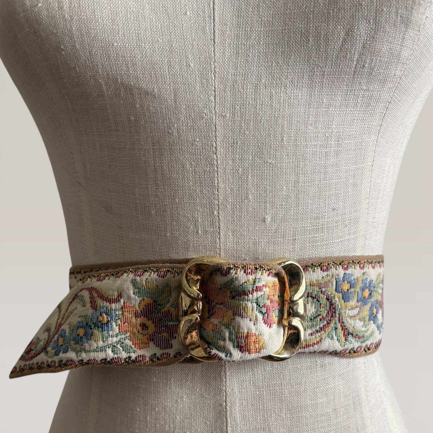 Vintage Ruth Lederman Floral Tapestry Belt with Brass Buckle