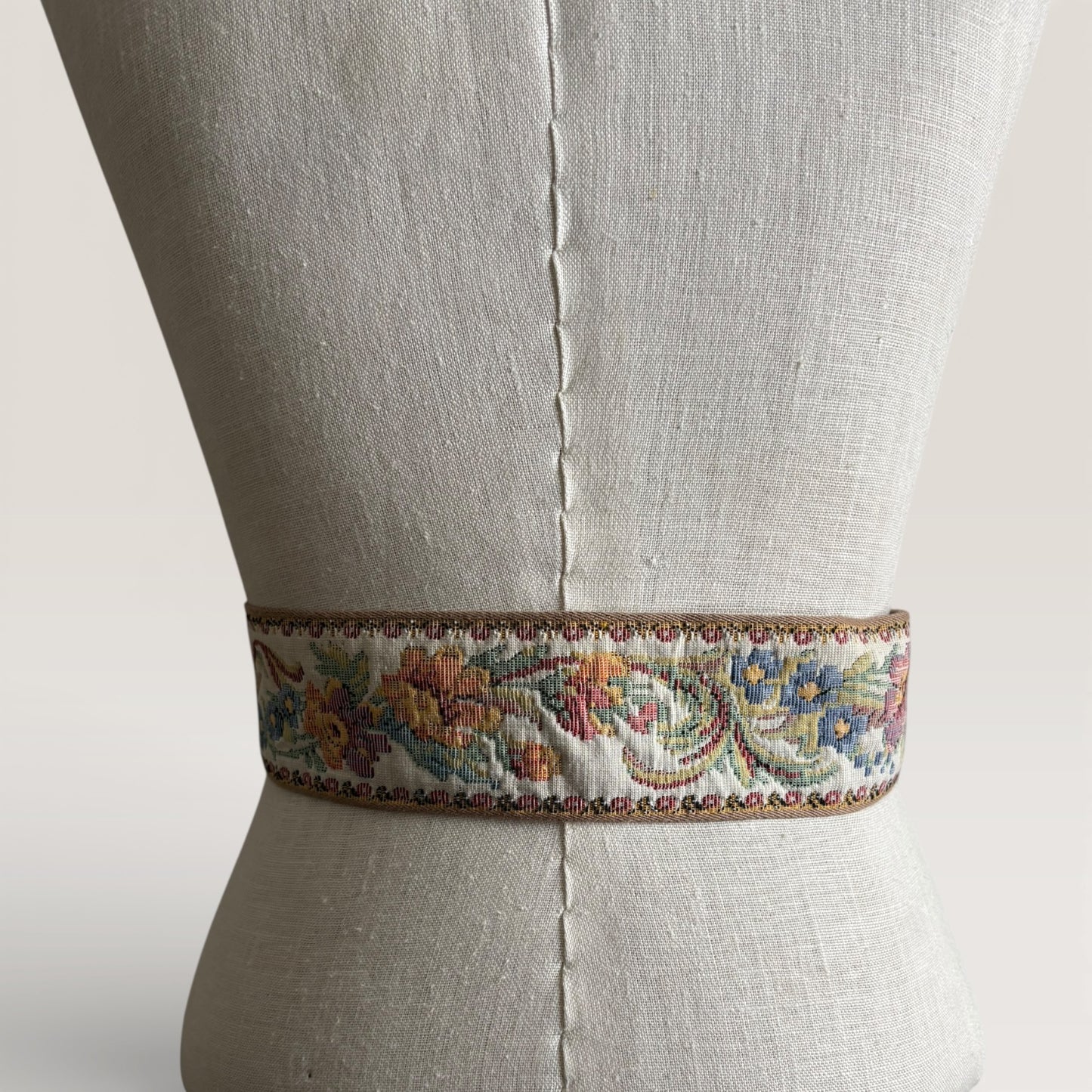 Vintage Ruth Lederman Floral Tapestry Belt with Brass Buckle
