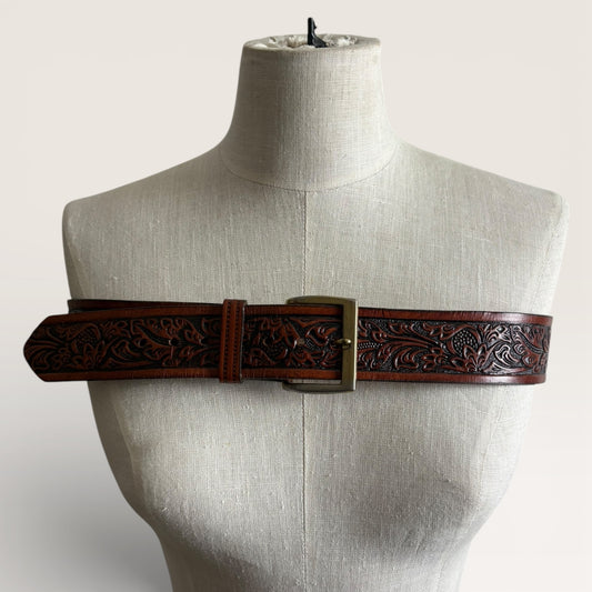 Vintage 1970s Hand Tooled Top Grain Saddle Leather Western Belt