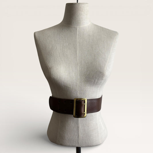 Vintage 1990s Wide Brown Leather Belt with Gold Metal Buckle