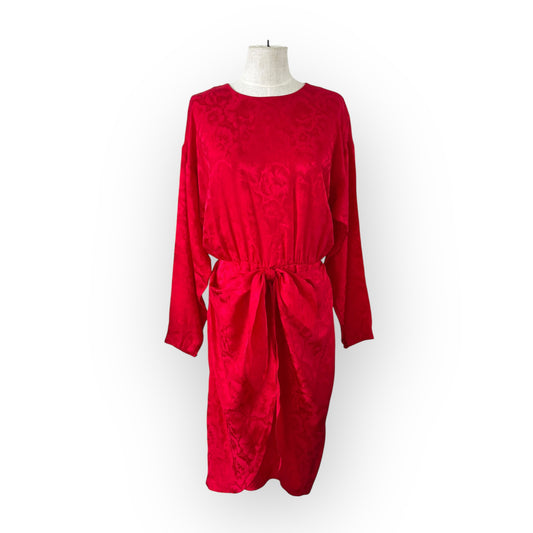 Vintage 1990s Red Silk Maggie London Front Tie Long Sleeve Dress