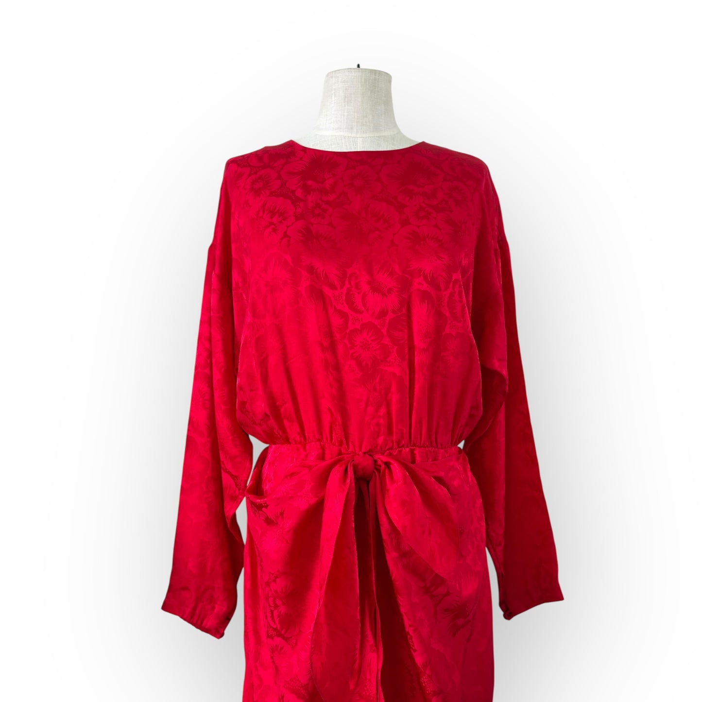 Vintage 1990s Red Silk Maggie London Front Tie Long Sleeve Dress