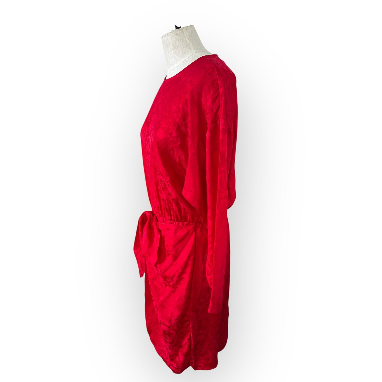 Vintage 1990s Red Silk Maggie London Front Tie Long Sleeve Dress