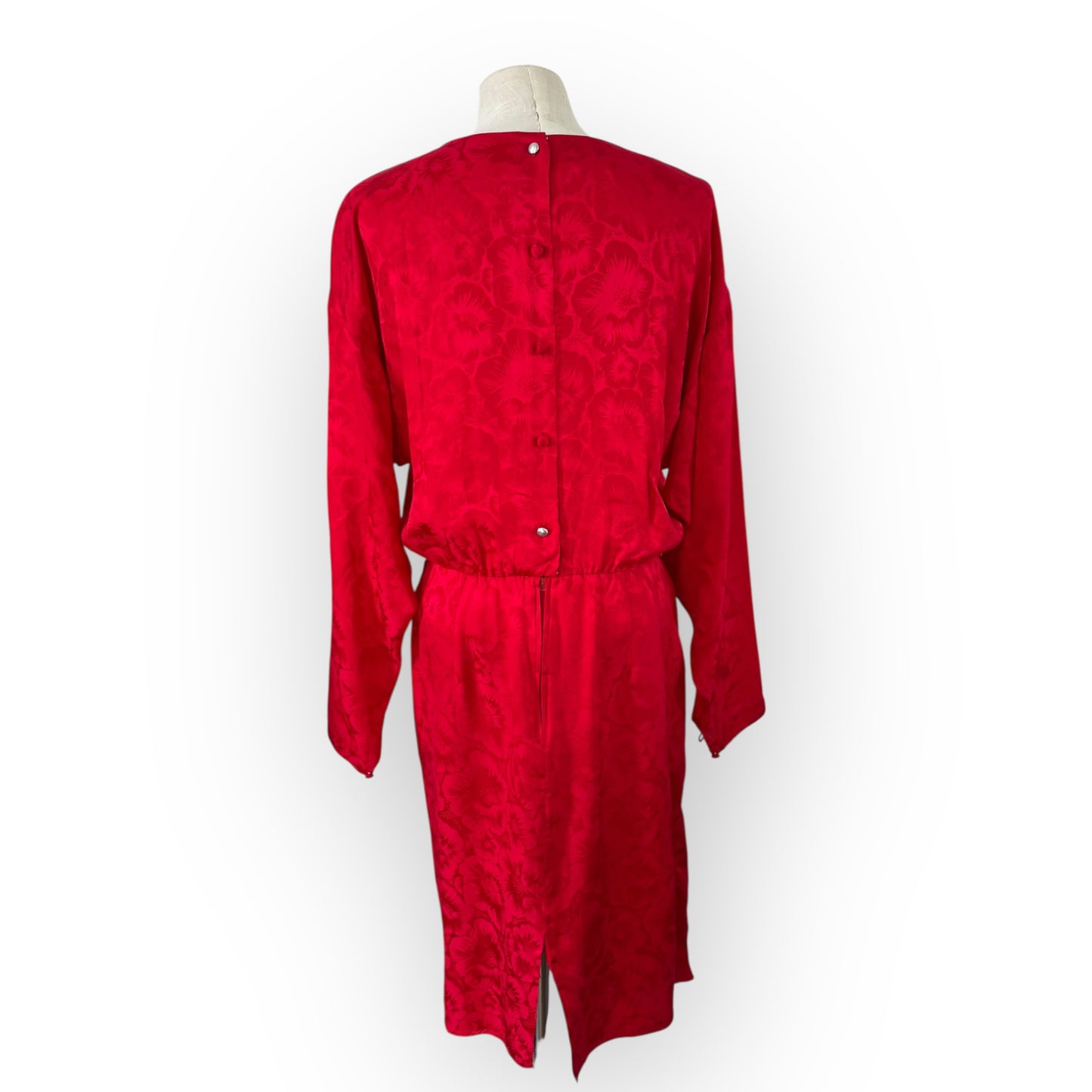 Vintage 1990s Red Silk Maggie London Front Tie Long Sleeve Dress