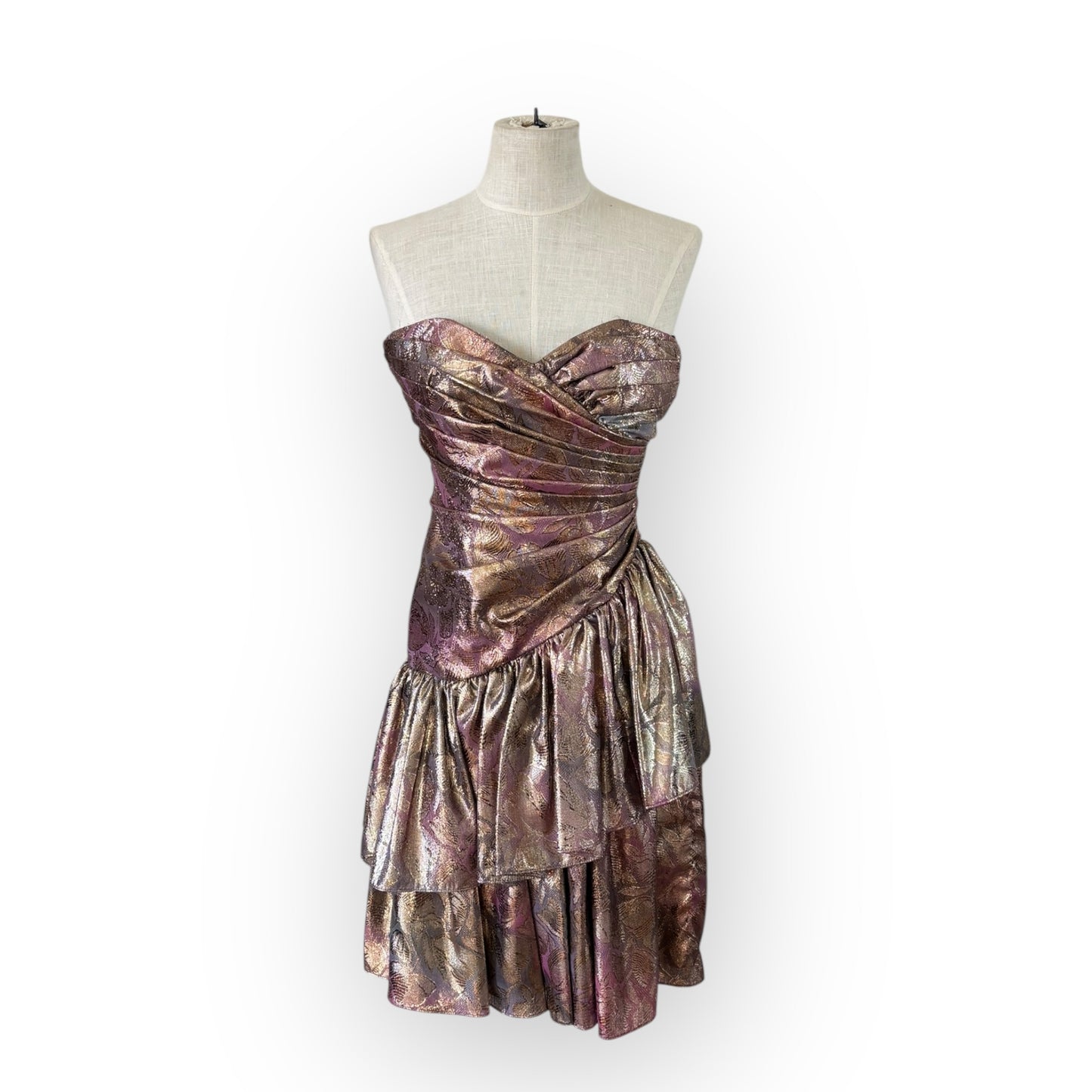 Vintage 1980s Gunne Sax Metallic Pink Floral Jacquard Strapless Party Dress