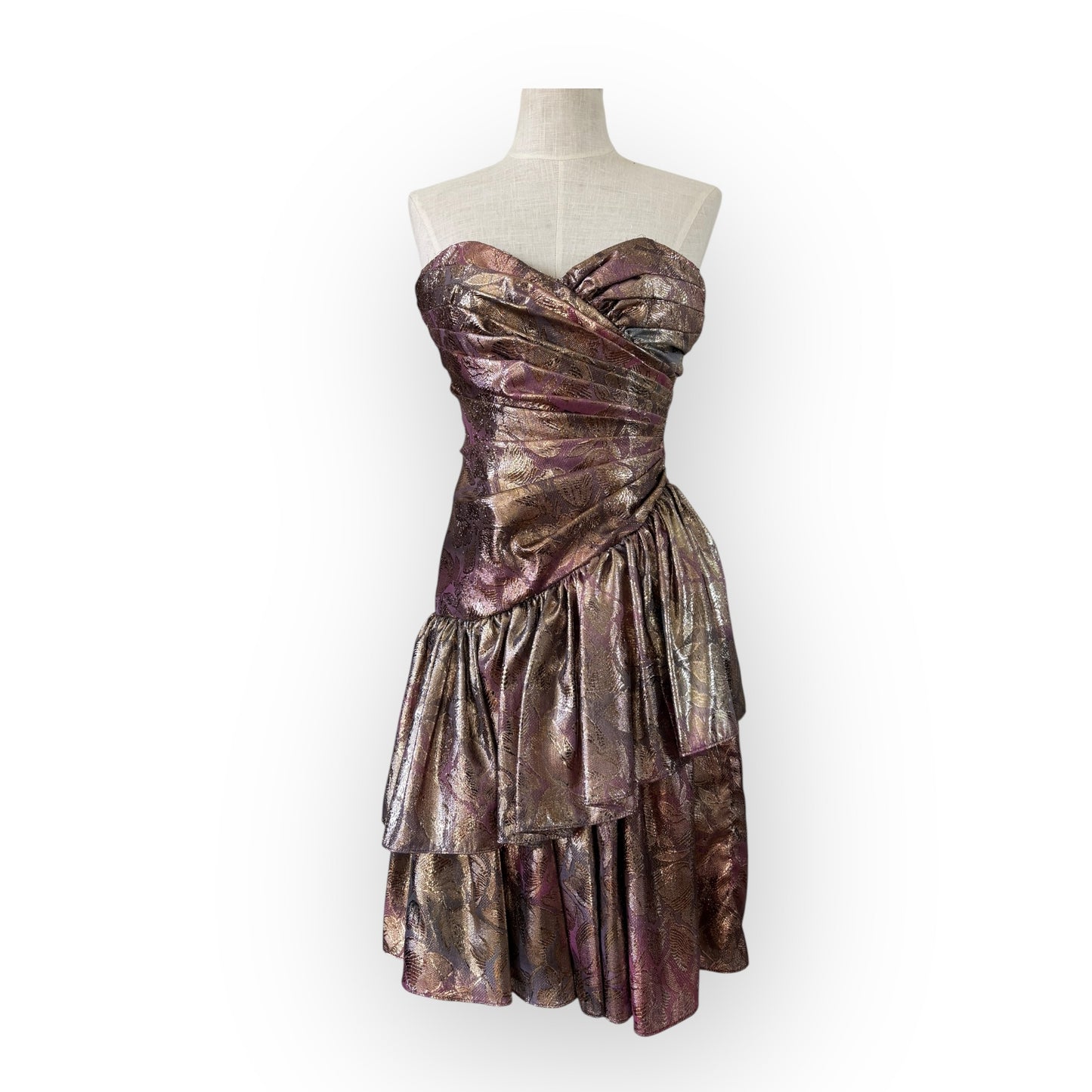 Vintage 1980s Gunne Sax Metallic Pink Floral Jacquard Strapless Party Dress
