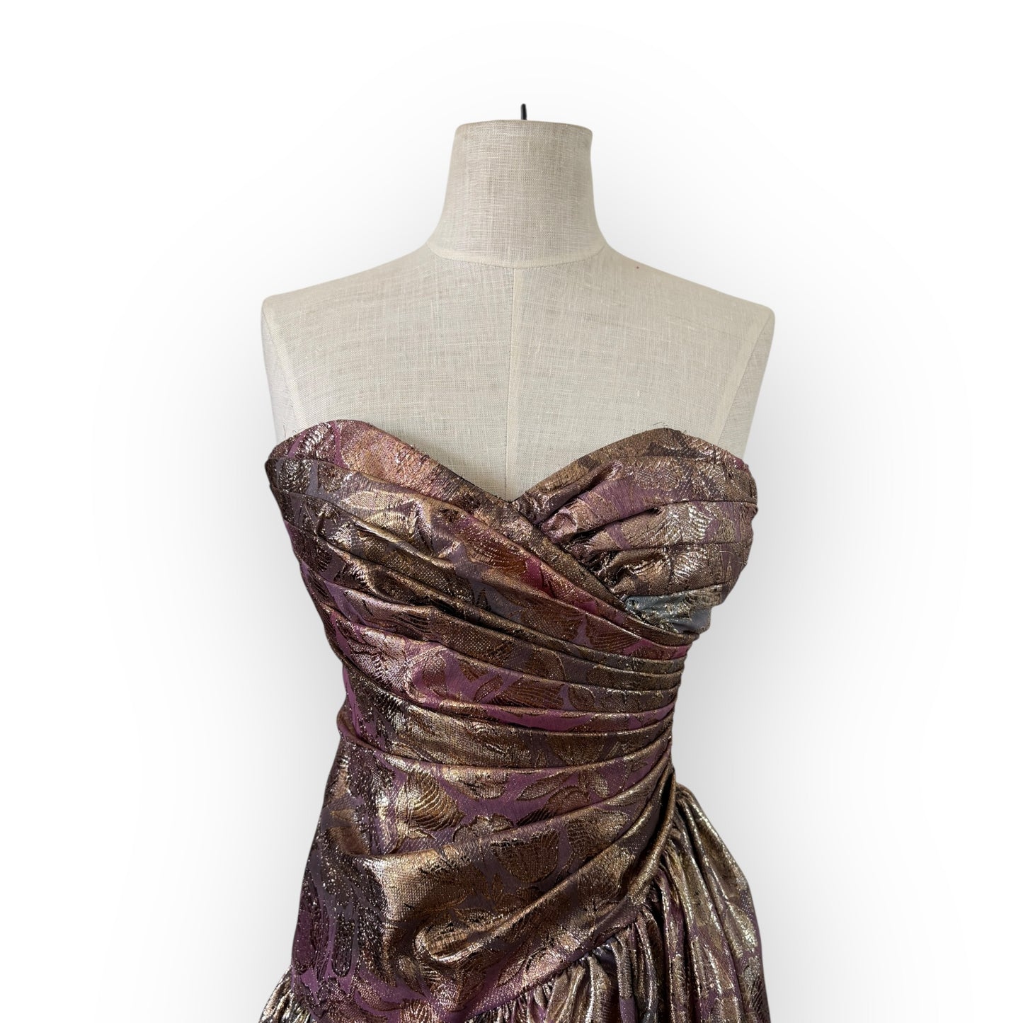 Vintage 1980s Gunne Sax Metallic Pink Floral Jacquard Strapless Party Dress