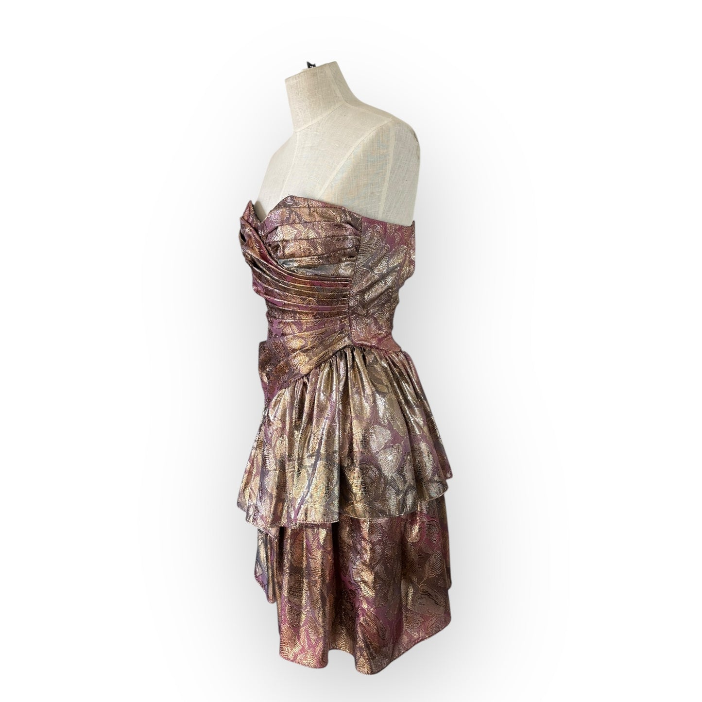 Vintage 1980s Gunne Sax Metallic Pink Floral Jacquard Strapless Party Dress