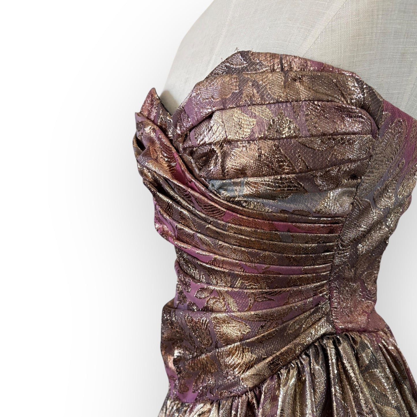 Vintage 1980s Gunne Sax Metallic Pink Floral Jacquard Strapless Party Dress