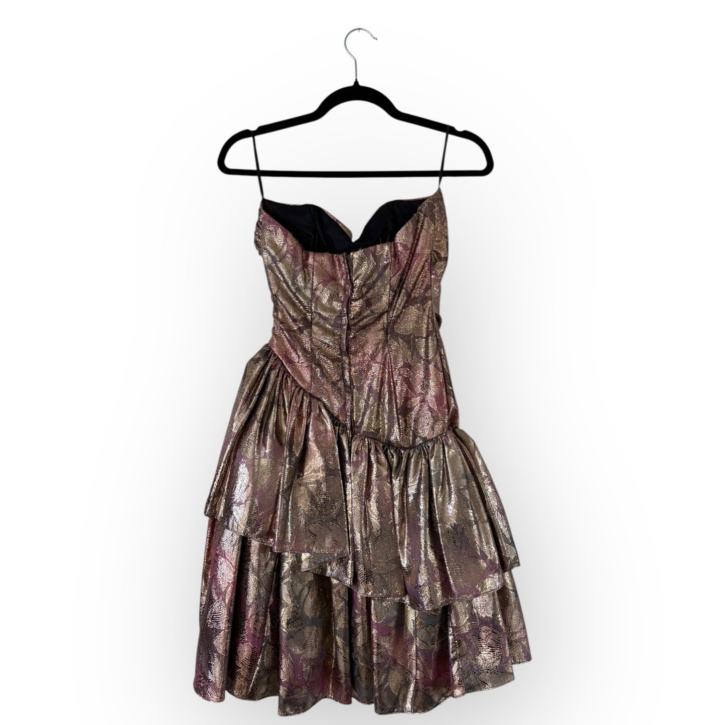 Vintage 1980s Gunne Sax Metallic Pink Floral Jacquard Strapless Party Dress