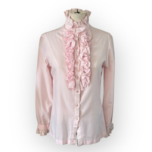 Vintage 1970s/80s George Yazbek for Gordon Peters Ruffled High Collar Pink Secretary Blouse
