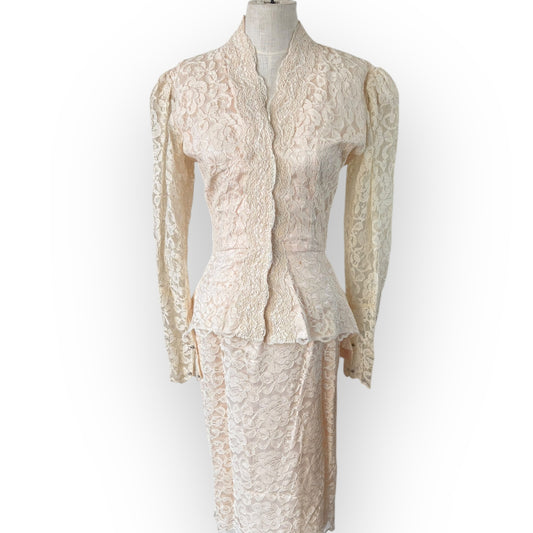 Vintage 1980s Miss Ashley Two Piece Pink Cream Lace Bridal Set
