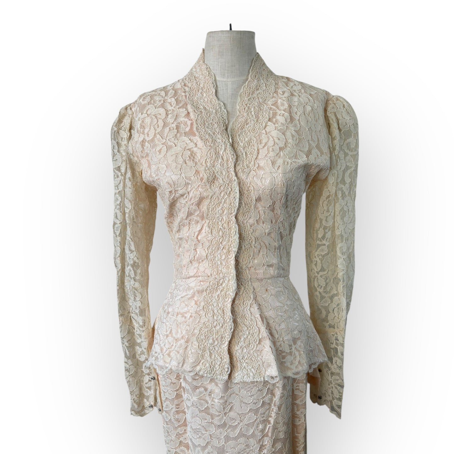 Vintage 1980s Miss Ashley Two Piece Pink Cream Lace Bridal Set