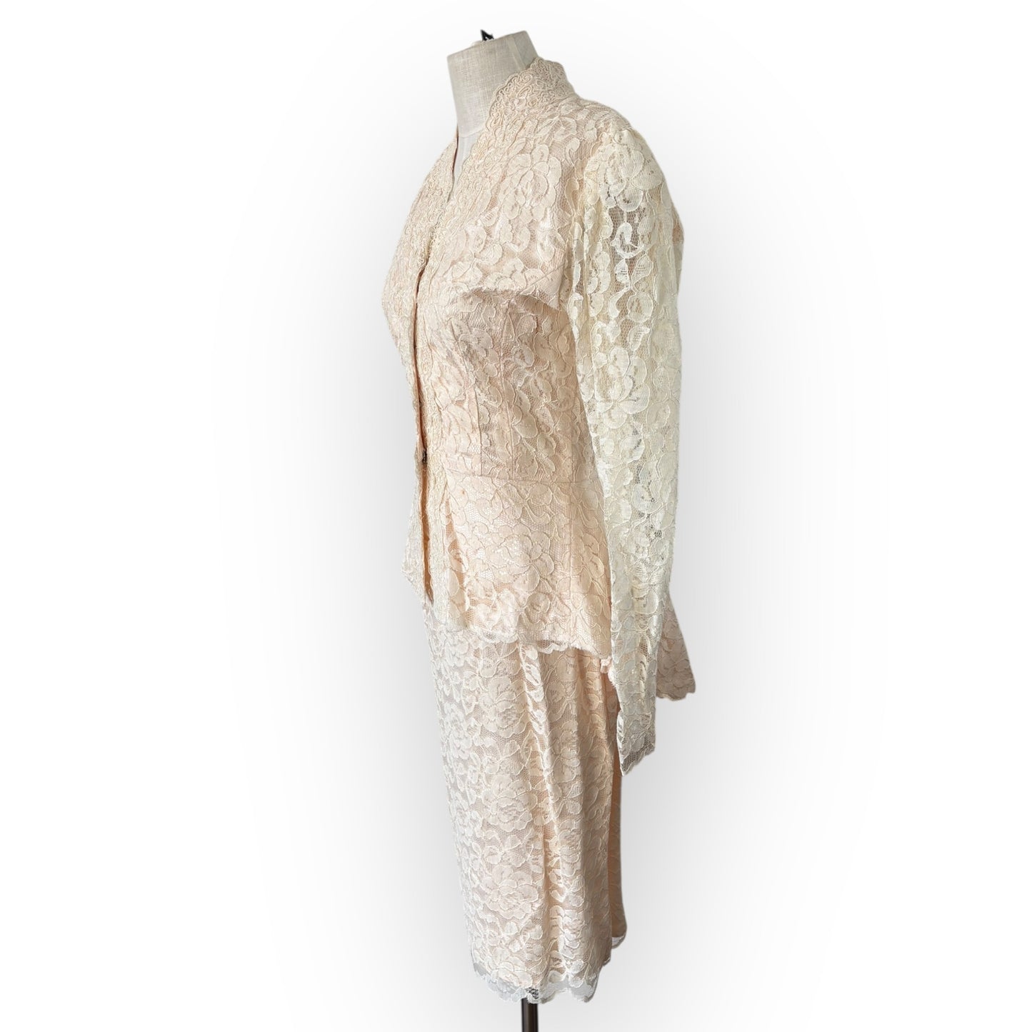 Vintage 1980s Miss Ashley Two Piece Pink Cream Lace Bridal Set