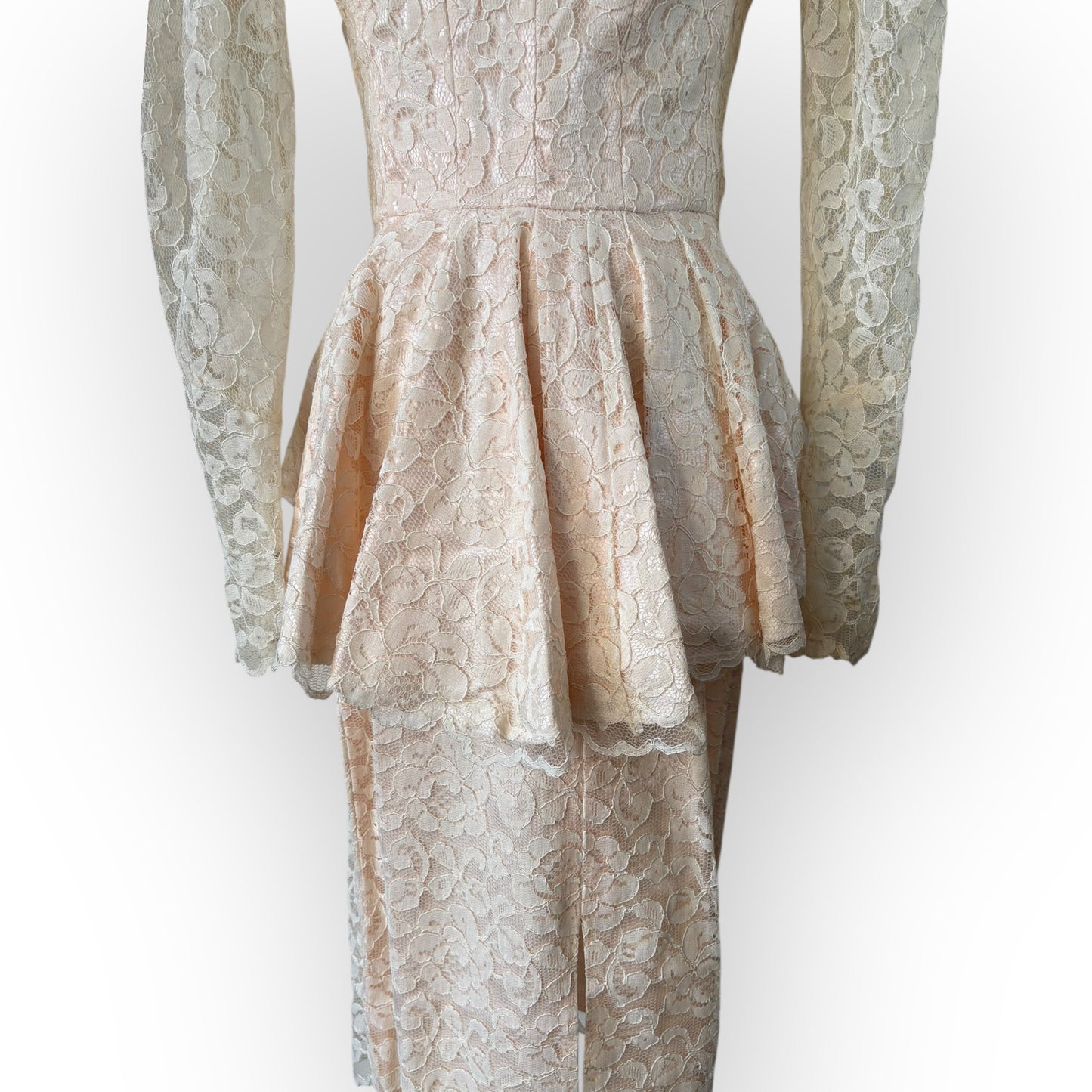 Vintage 1980s Miss Ashley Two Piece Pink Cream Lace Bridal Set