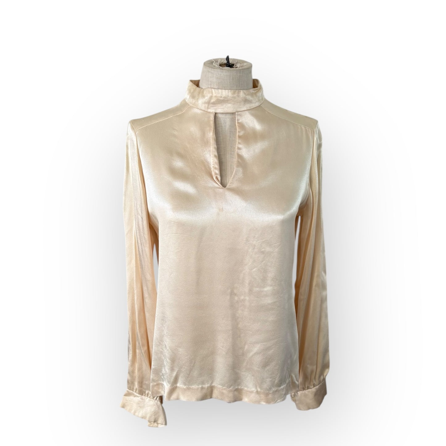 Vintage 1970s Mock Neck Satiny Peep Hole Blouse with Matching Scarf