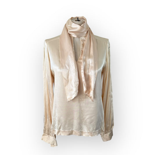 Vintage 1970s Mock Neck Satiny Peep Hole Blouse with Matching Scarf