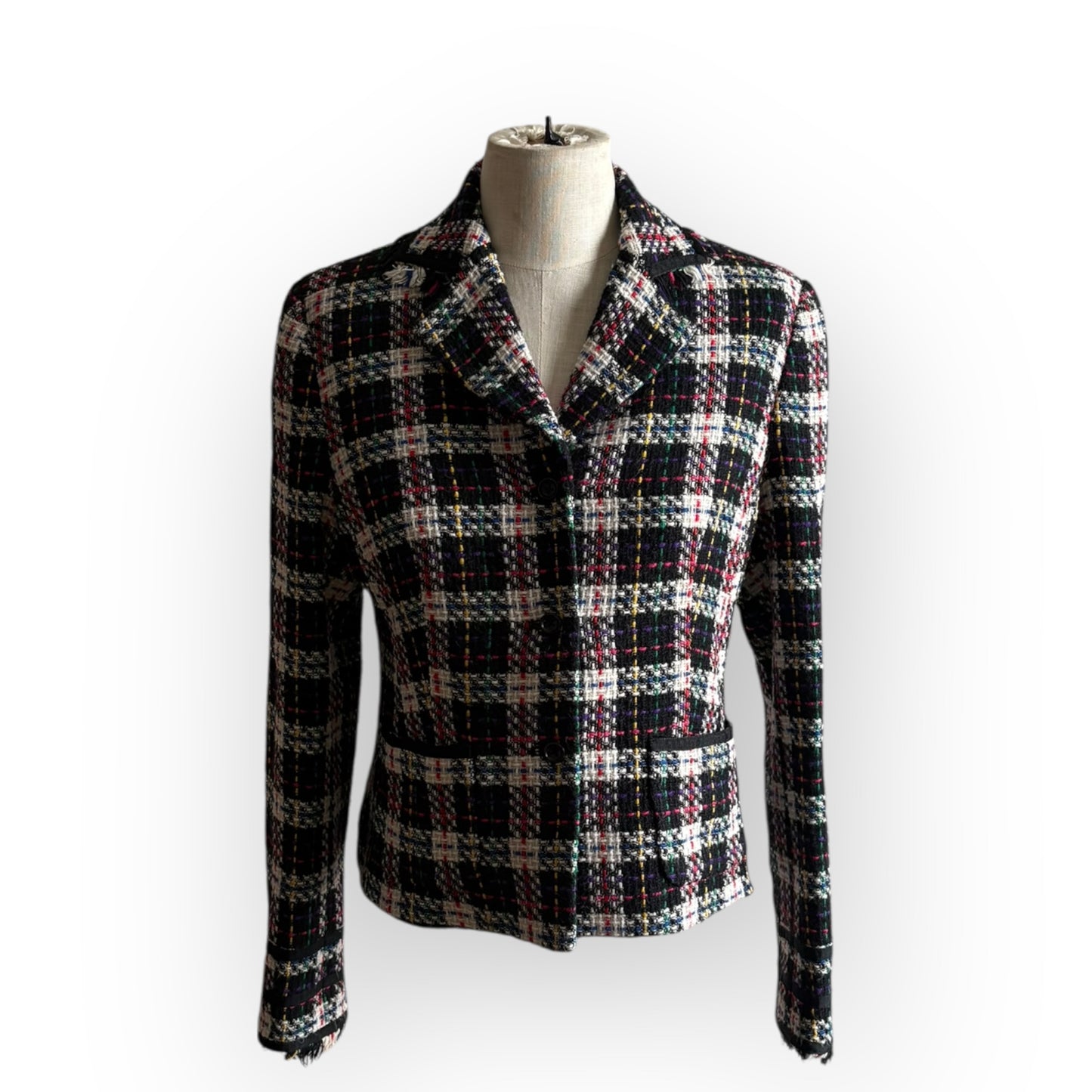 Vintage Plaid Cropped Sweater Blazer with Fringe