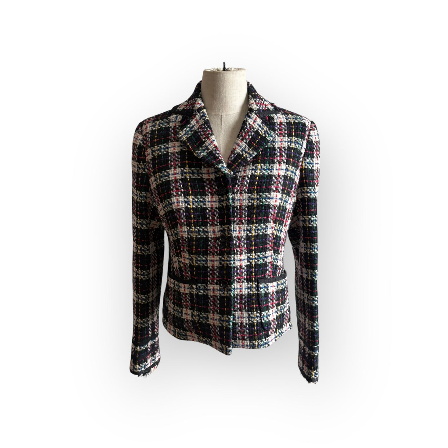 Vintage Plaid Cropped Sweater Blazer with Fringe