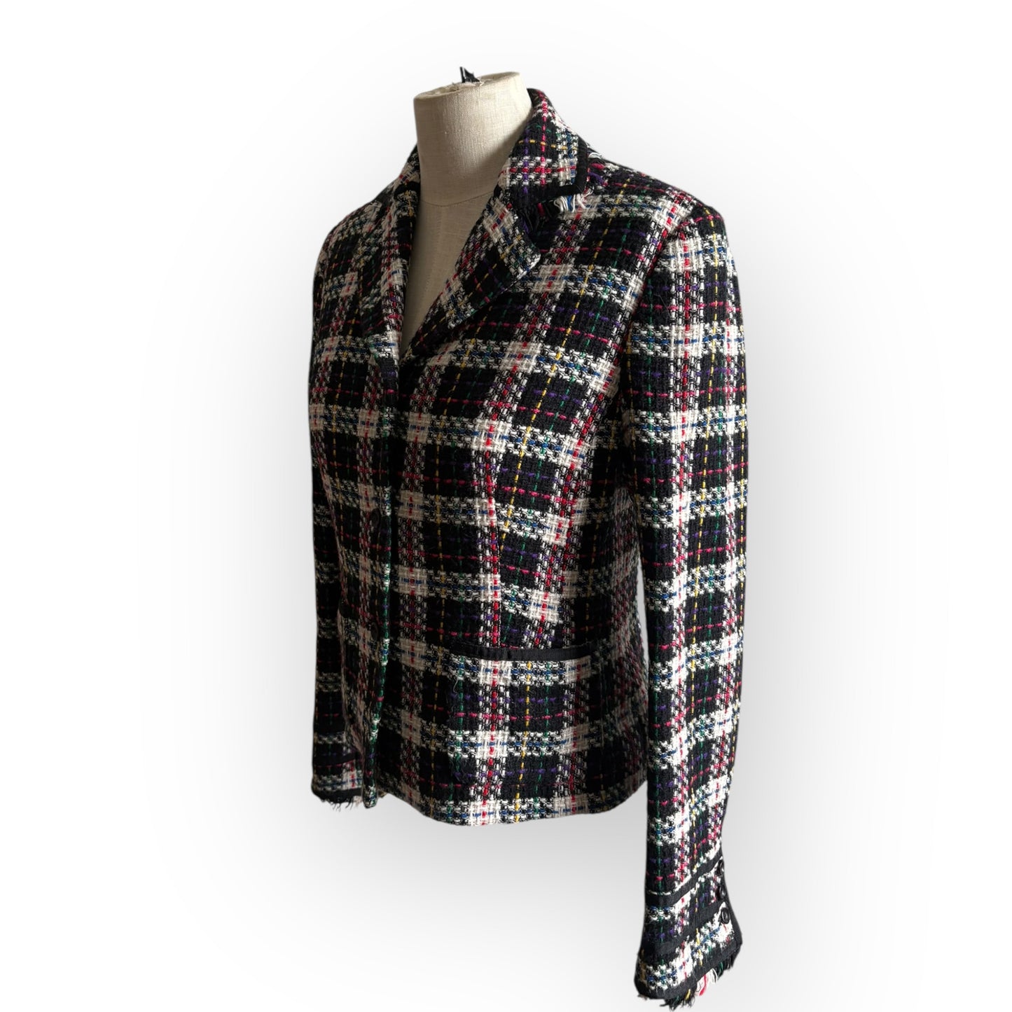 Vintage Plaid Cropped Sweater Blazer with Fringe