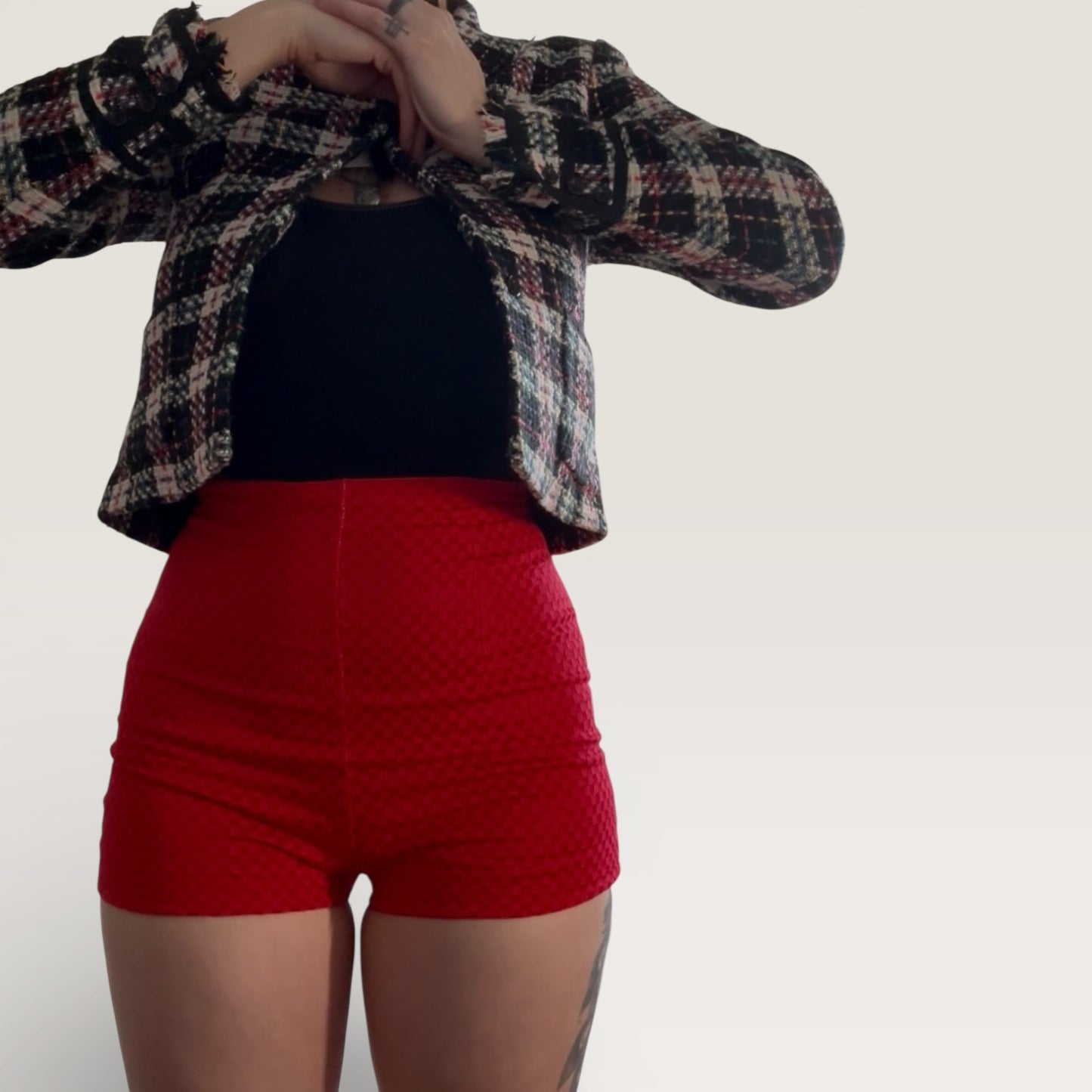 Vintage 1970s Red Cotton Checker High Waist Print Hot Pants