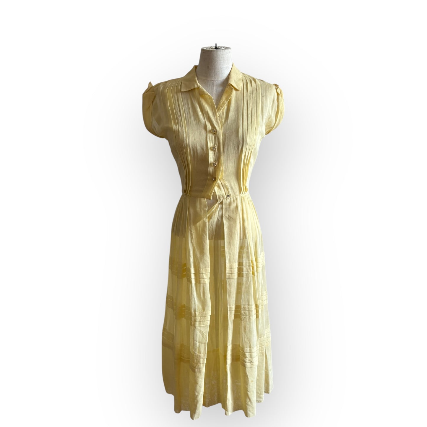 Vintage 1930s Sheer Cotton Pale Yellow Pleated Dress
