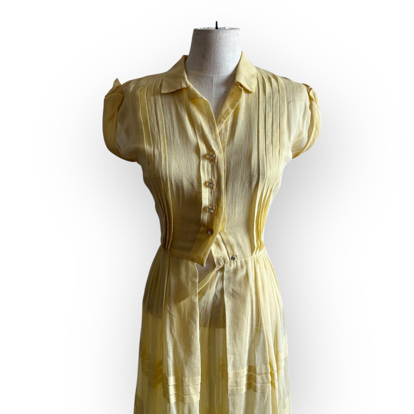 Vintage 1930s Sheer Cotton Pale Yellow Pleated Dress