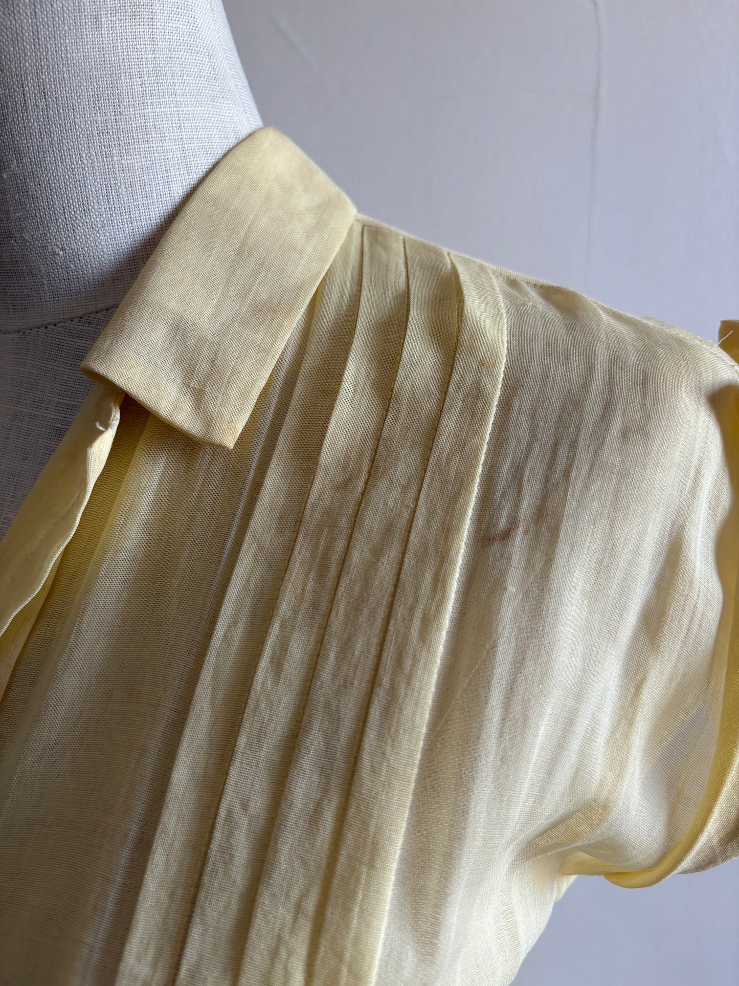 Vintage 1930s Sheer Cotton Pale Yellow Pleated Dress