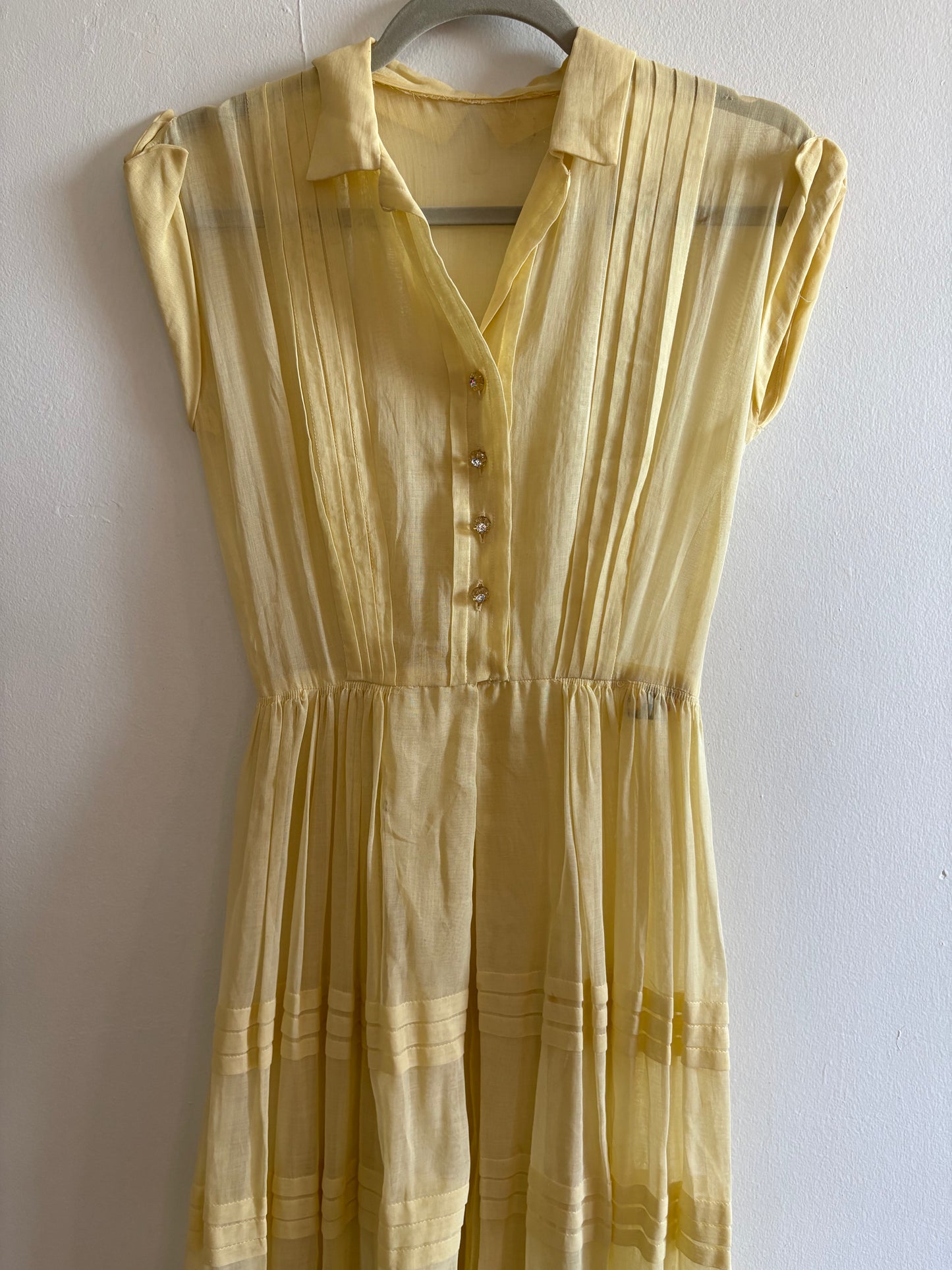 Vintage 1930s Sheer Cotton Pale Yellow Pleated Dress