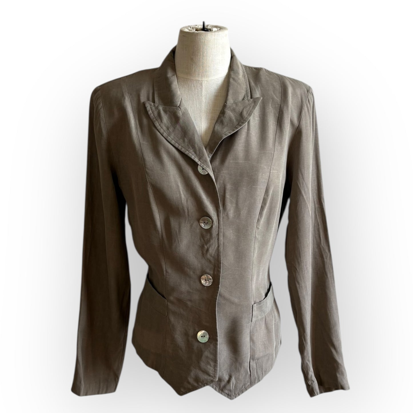 Vintage 1990s All That Jazz Pale Green Khaki Blazer Blouse with Abalone Buttons