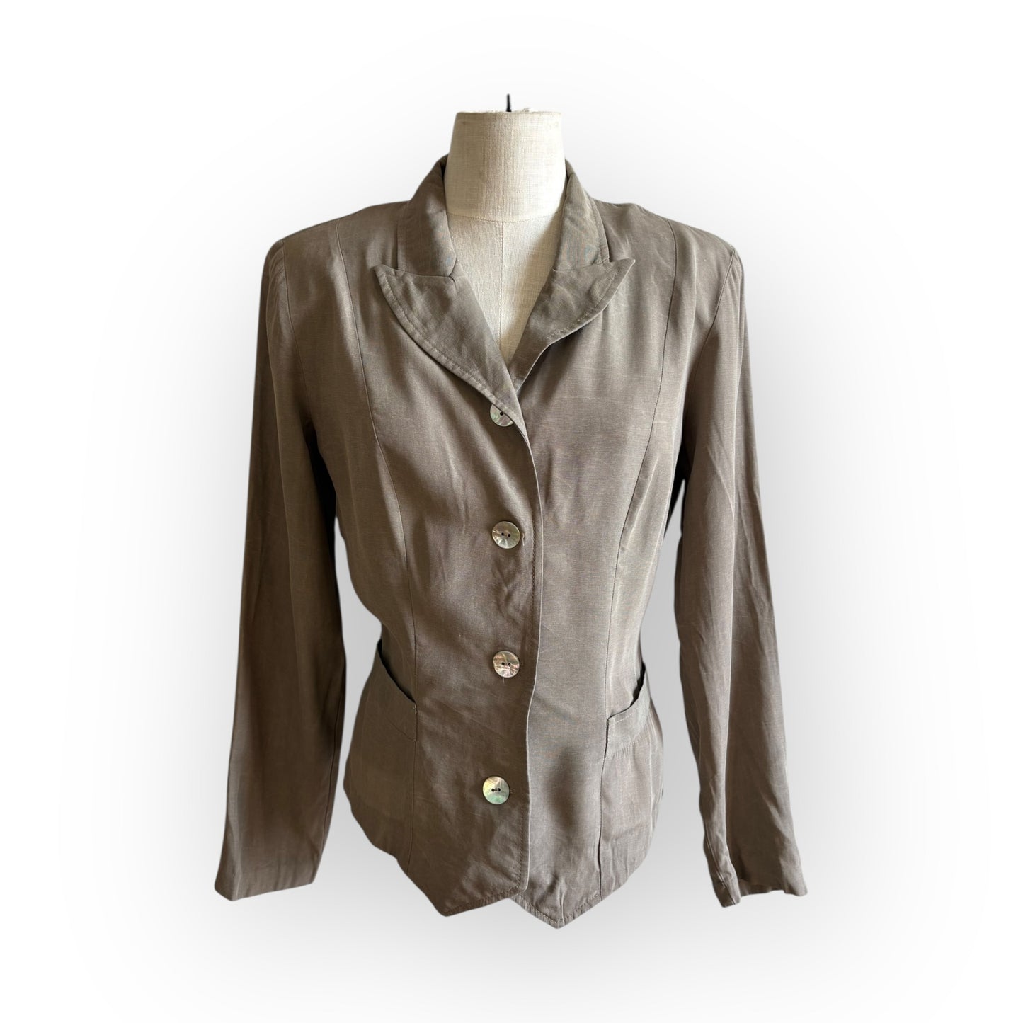 Vintage 1990s All That Jazz Pale Green Khaki Blazer Blouse with Abalone Buttons