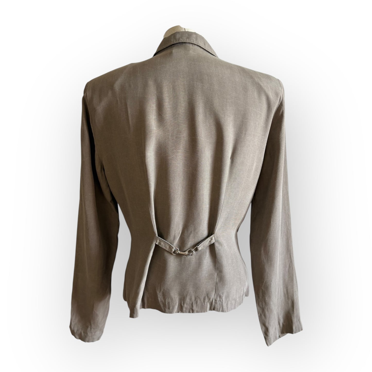 Vintage 1990s All That Jazz Pale Green Khaki Blazer Blouse with Abalone Buttons