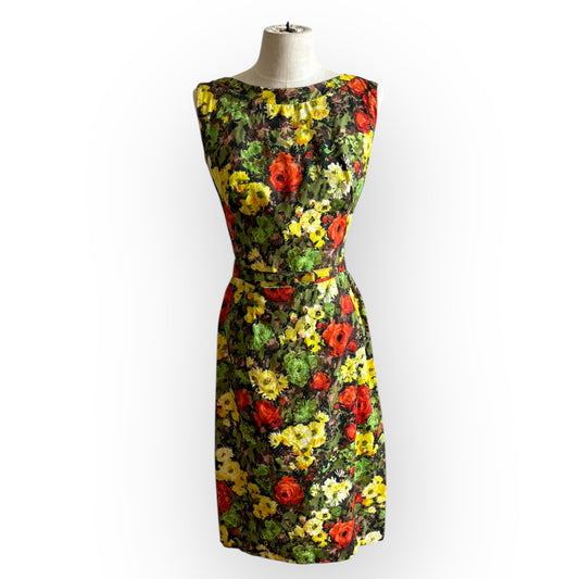 Vintage 1950s Sleeveless Floral Midi Dress with Belt AS-IS