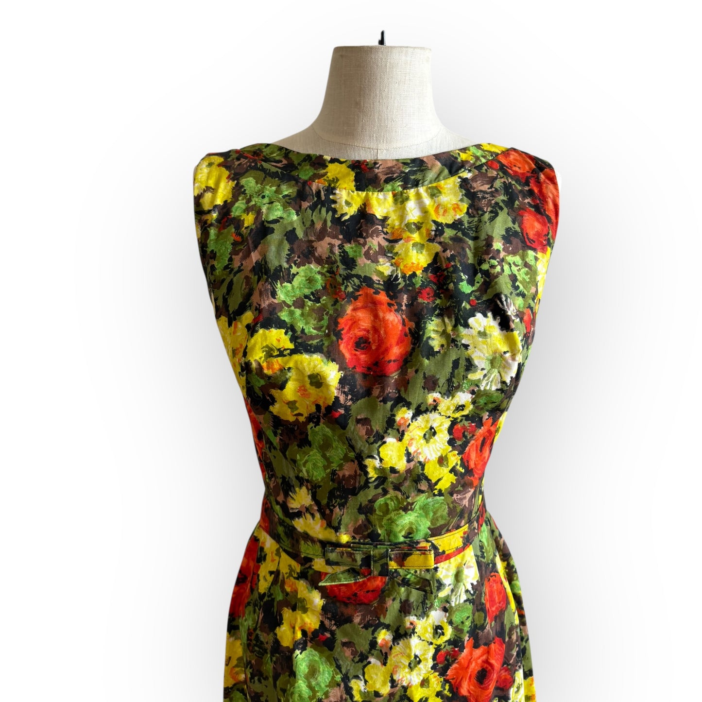 Vintage 1950s Sleeveless Floral Midi Dress with Belt AS-IS