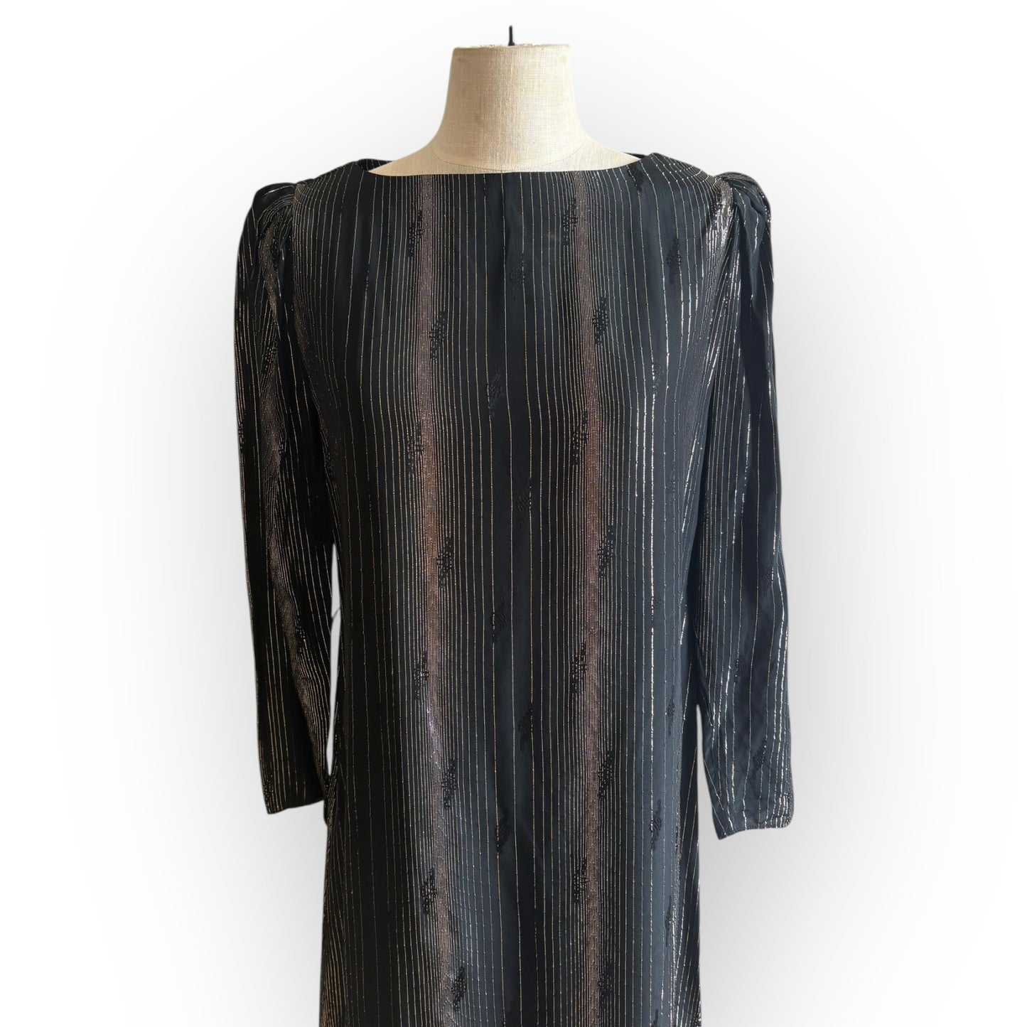 Vintage 1980s Black Metallic Shimmer Tunic Shirt Dress