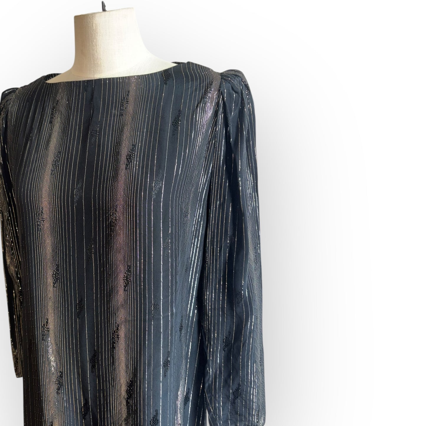 Vintage 1980s Black Metallic Shimmer Tunic Shirt Dress