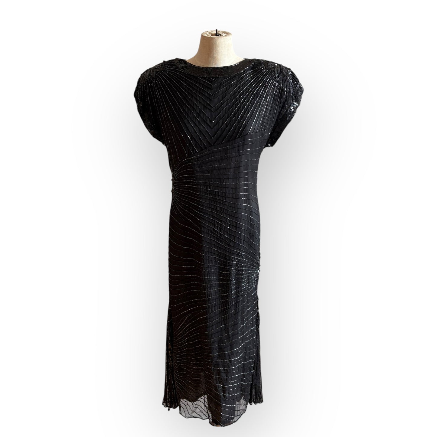 Vintage 1990s Black Silk Sequin Cap Sleeve Midi Dress