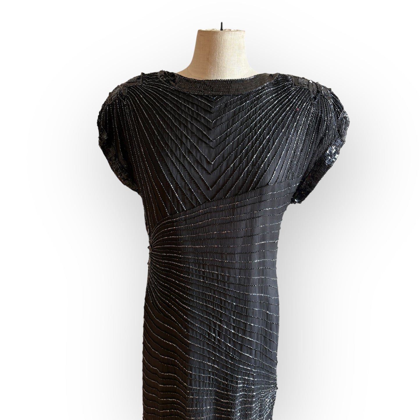 Vintage 1990s Black Silk Sequin Cap Sleeve Midi Dress