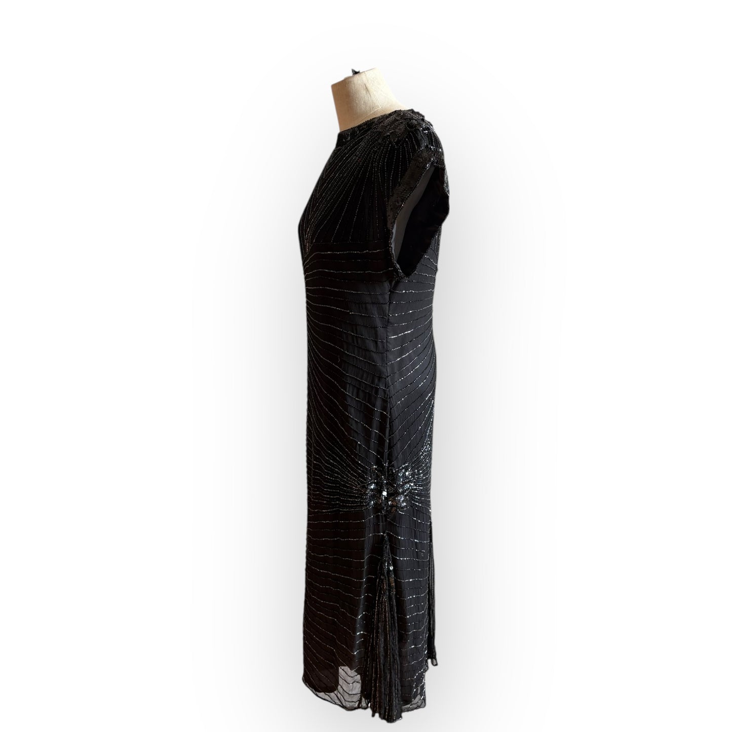 Vintage 1990s Black Silk Sequin Cap Sleeve Midi Dress