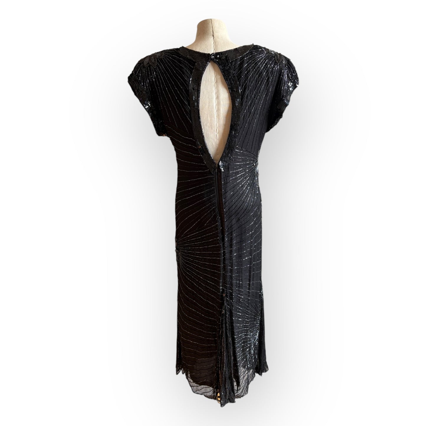 Vintage 1990s Black Silk Sequin Cap Sleeve Midi Dress