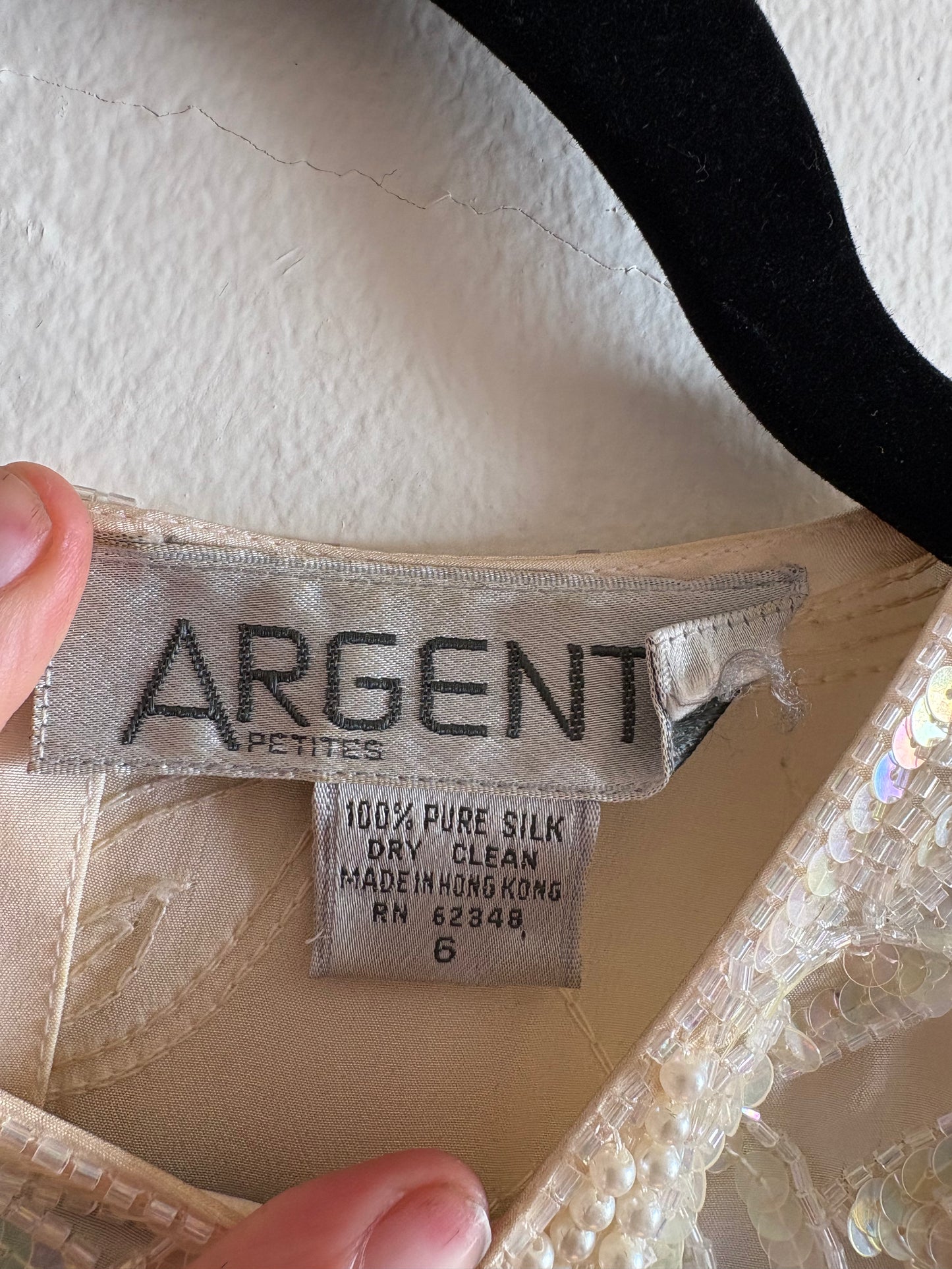 Vintage 1990s Argenti Cream Silk Sequin Short Sleeve Shift Dress