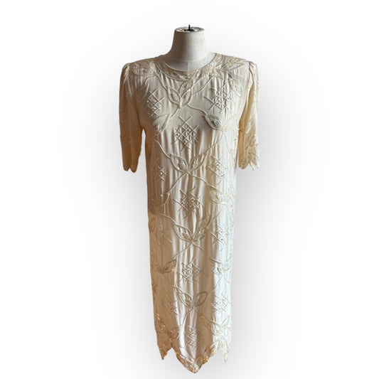 Vintage 1990s Argenti Cream Silk Sequin Short Sleeve Shift Dress